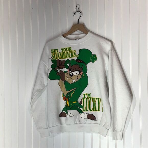 VTG 1997 Looney Tunes Taz Sweatshirt Tultex Medium St Patrick’s Day USA Made - Picture 1 of 6